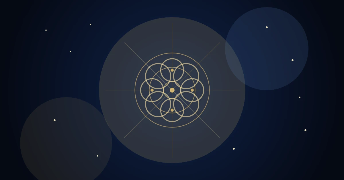 Rodas de energia douradas em céu azul-marinho com brilho celeste, estrelas e geometria sagrada sem texto
