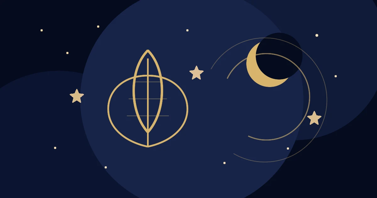 Lira dourada abstrata sob céu azul profundo com estrelas, lua e névoa celeste sem texto