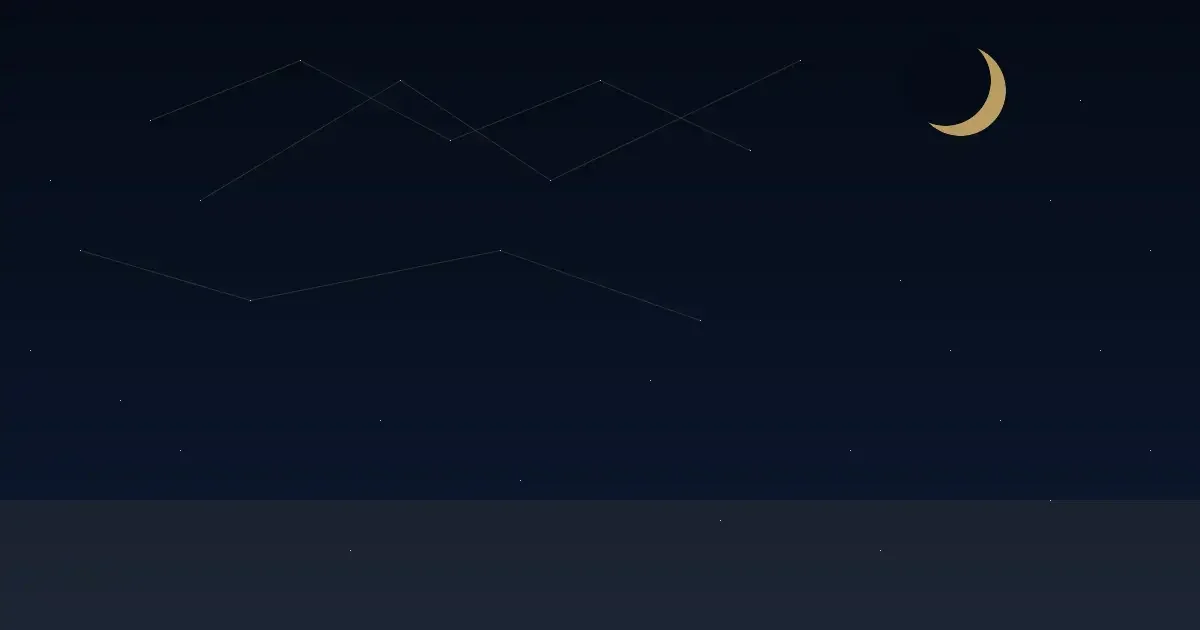 Céu noturno com estrelas e lua crescente sobre um caminho de luz dourada