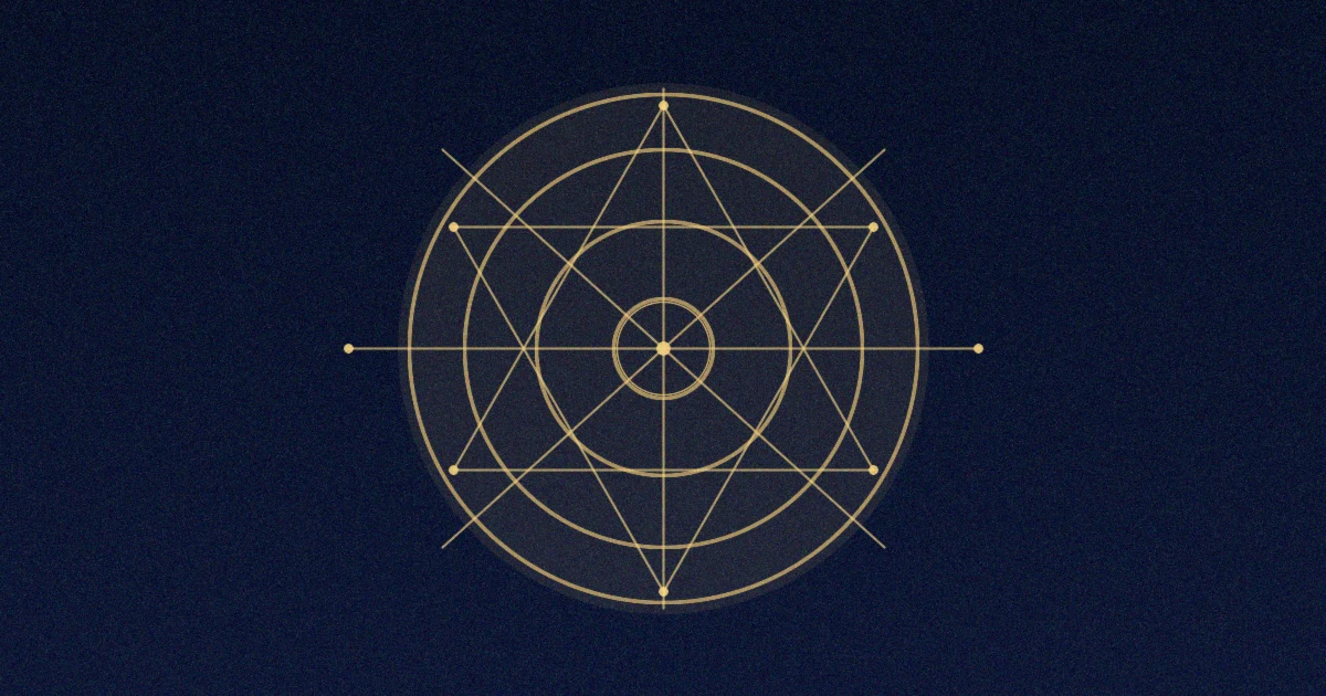 Yantra dourado abstrato sob céu azul profundo com estrelas, lua e brilho celeste sem texto