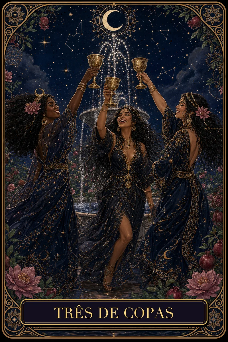 Carta Três de Copas do Tarot da Bruxa, arcano 3