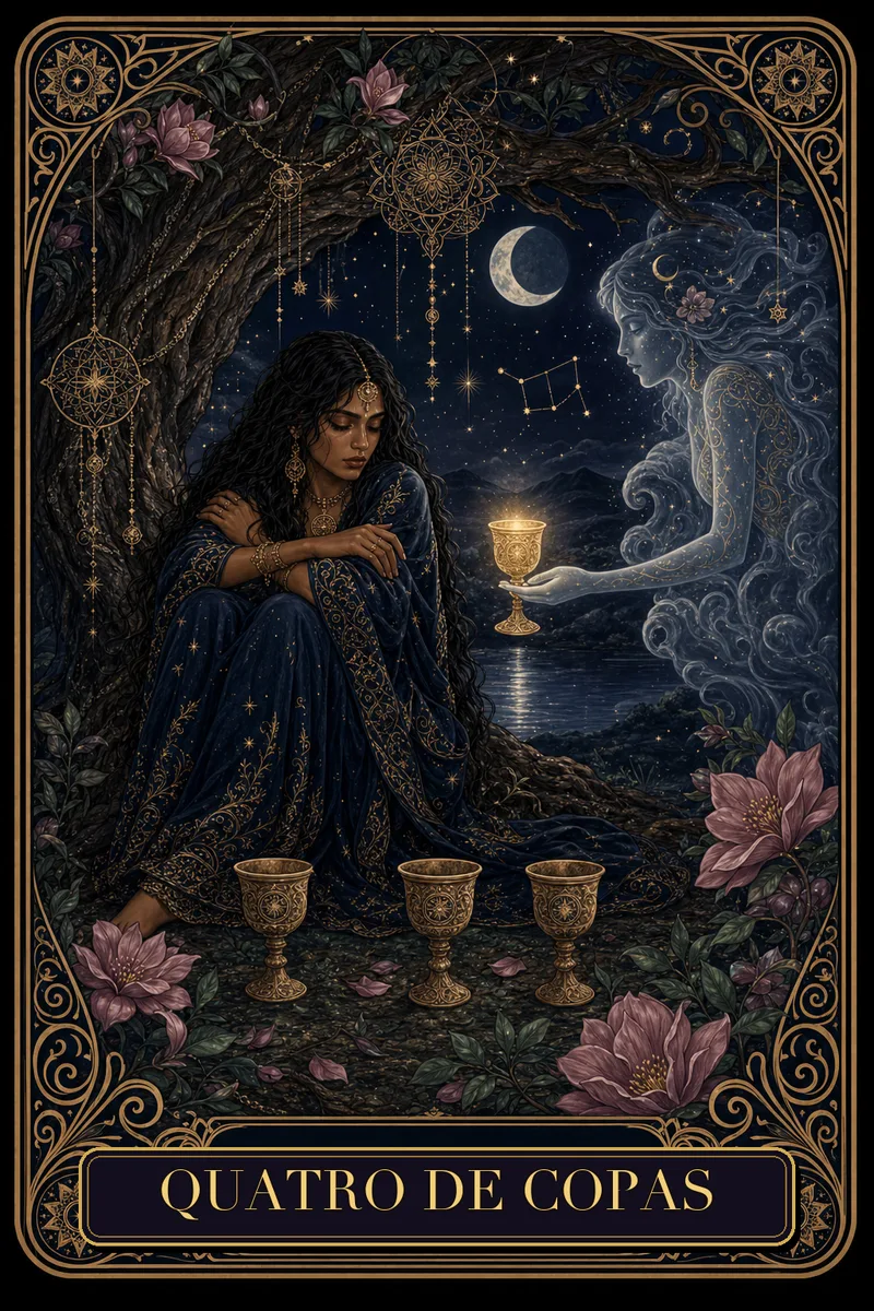 Carta Quatro de Copas do Tarot da Bruxa, arcano 4
