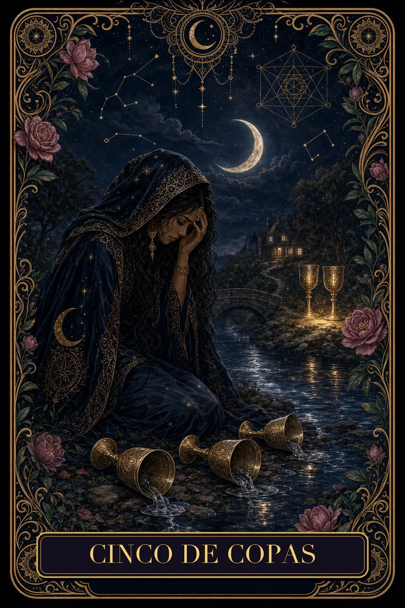Carta Cinco de Copas do Tarot da Bruxa, arcano 5
