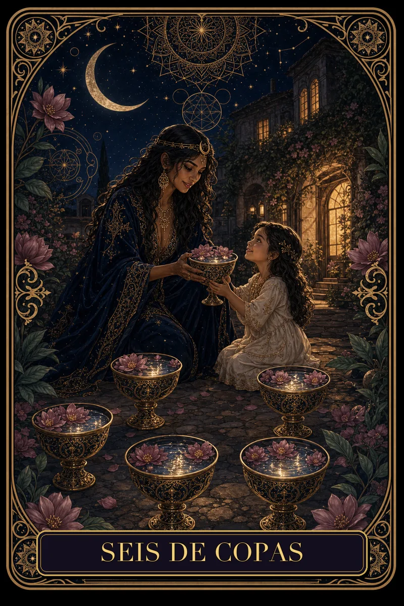 Carta Seis de Copas do Tarot da Bruxa, arcano 6