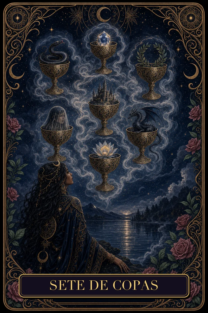 Carta Sete de Copas do Tarot da Bruxa, arcano 7