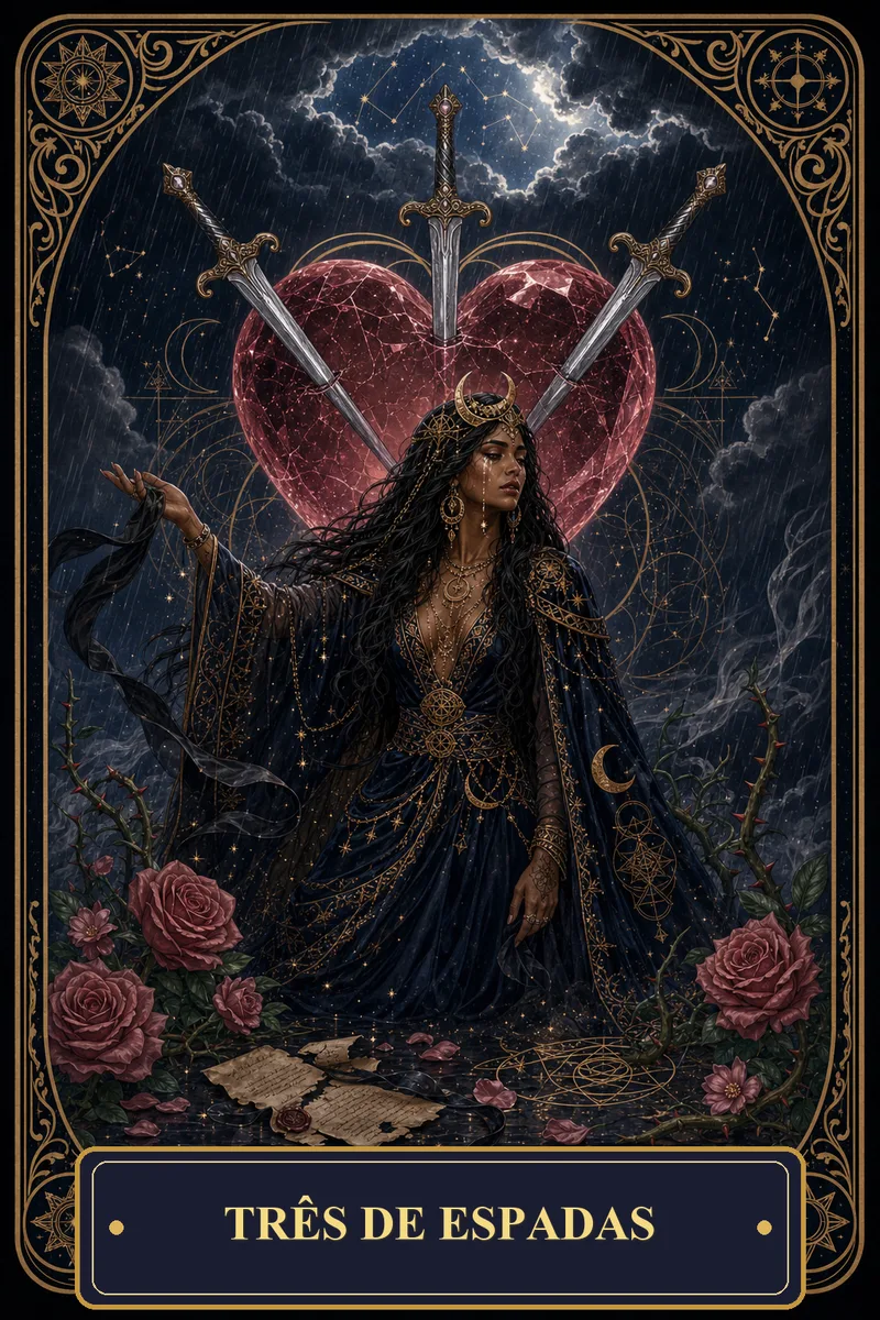 Carta Três de Espadas do Tarot da Bruxa, arcano 3