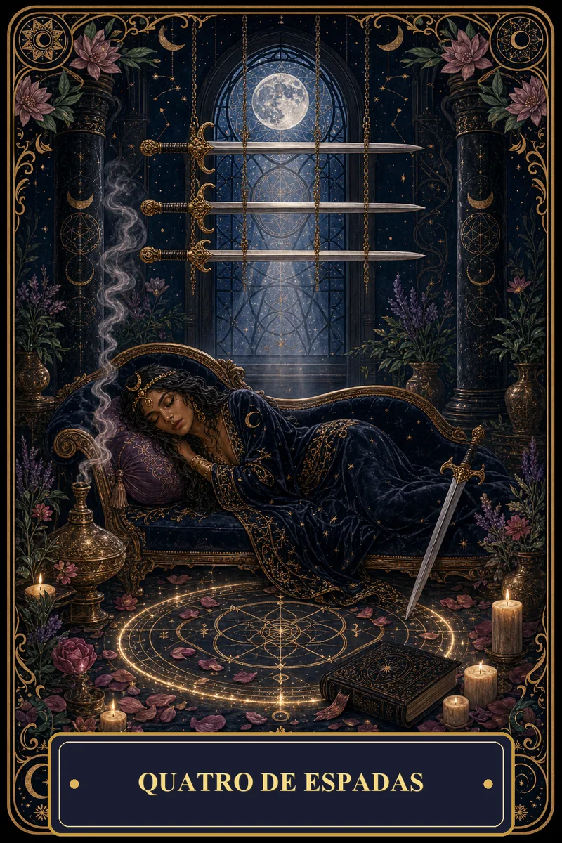 Carta Quatro de Espadas do Tarot da Bruxa, arcano 4