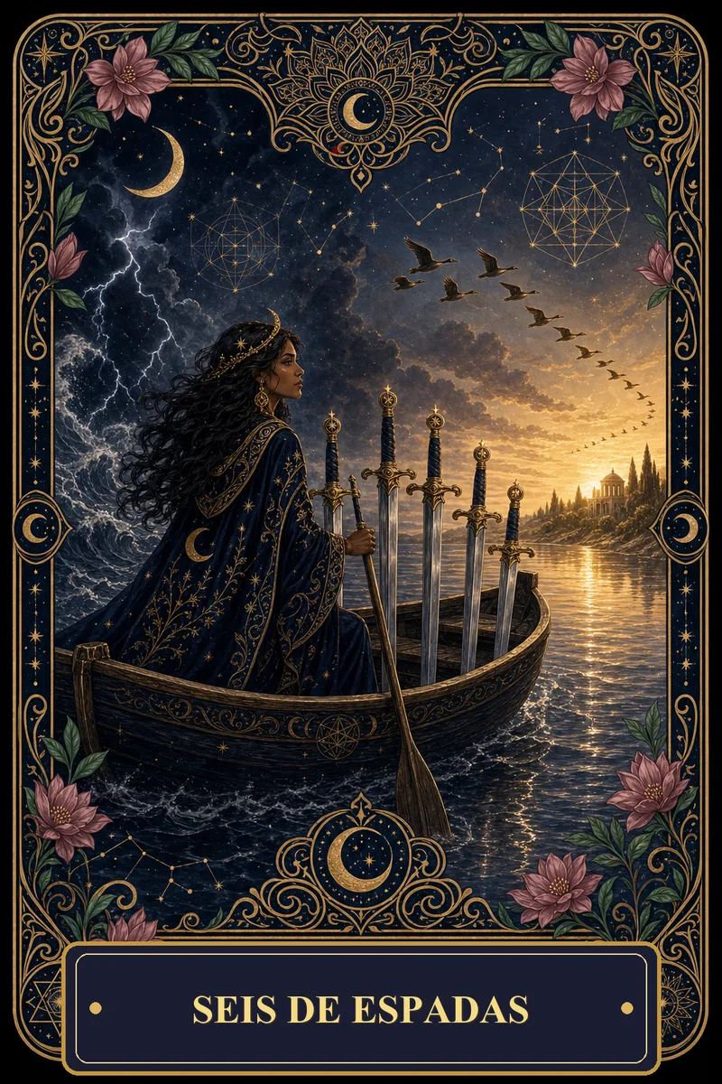 Carta Seis de Espadas do Tarot da Bruxa, arcano 6