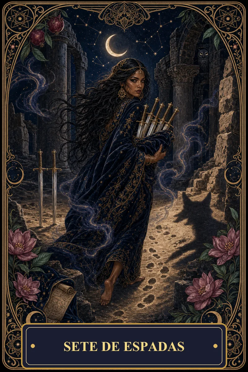 Carta Sete de Espadas do Tarot da Bruxa, arcano 7