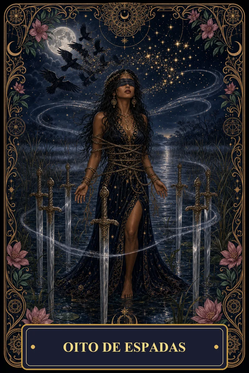 Carta Oito de Espadas do Tarot da Bruxa, arcano 8