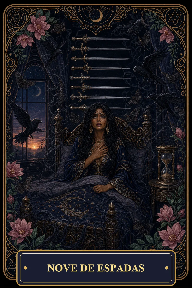 Carta Nove de Espadas do Tarot da Bruxa, arcano 9