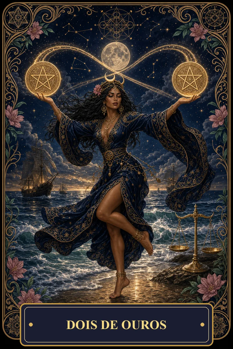 Carta Dois de Ouros do Tarot da Bruxa, arcano 2