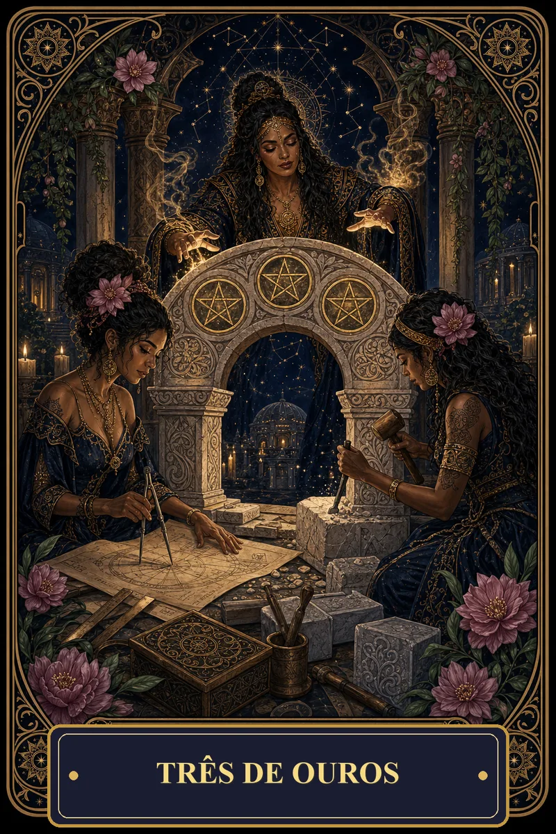 Carta Três de Ouros do Tarot da Bruxa, arcano 3