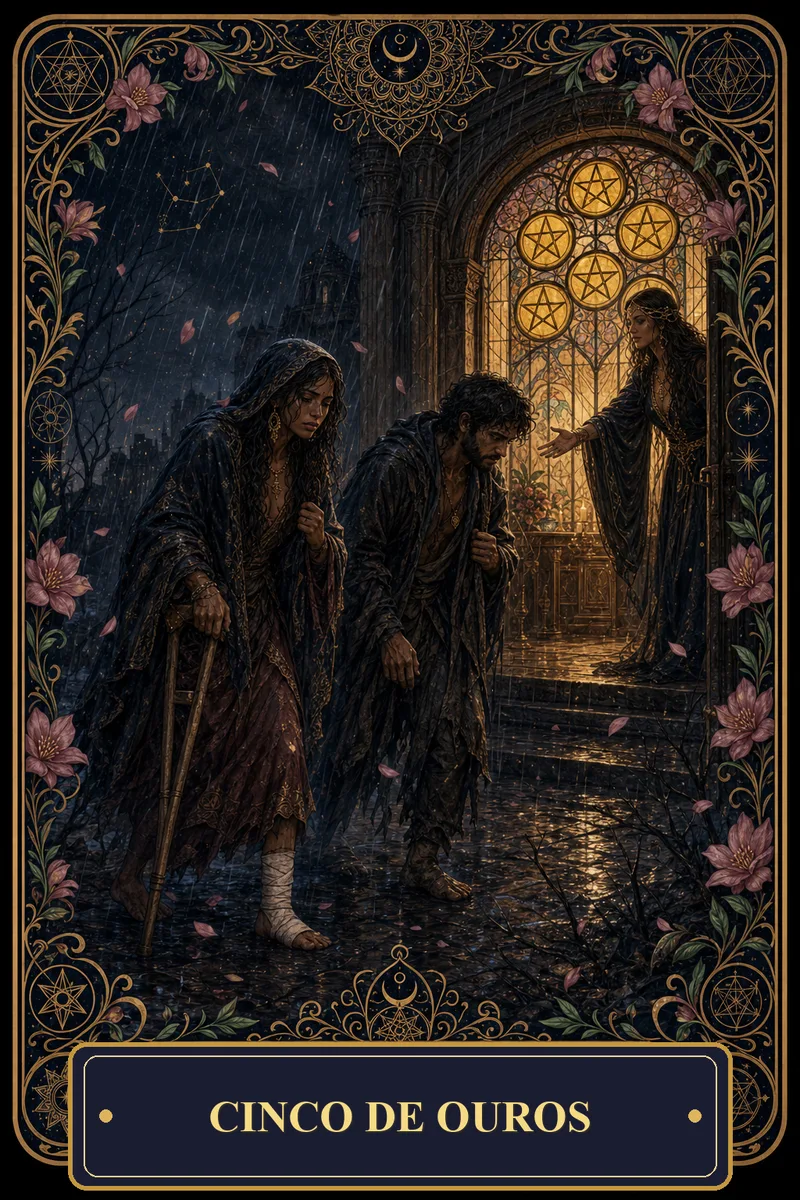 Carta Cinco de Ouros do Tarot da Bruxa, arcano 5