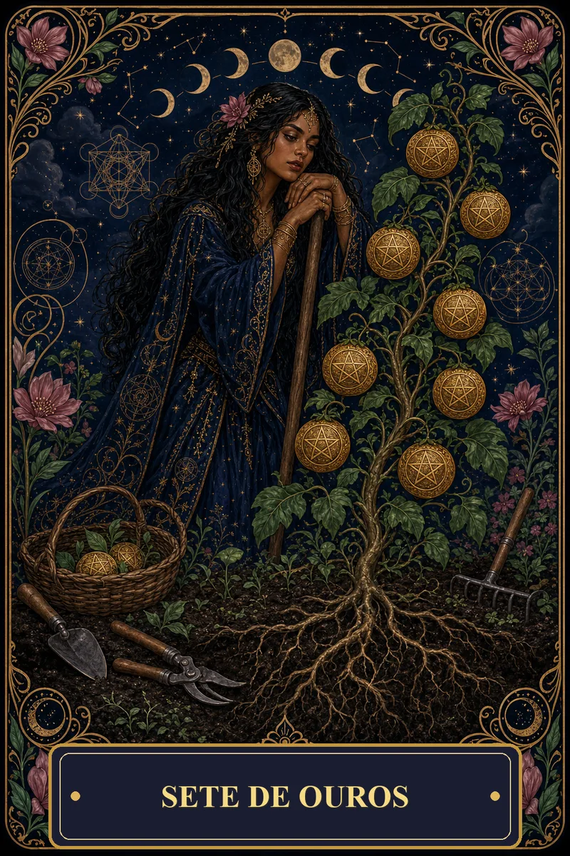 Carta Sete de Ouros do Tarot da Bruxa, arcano 7