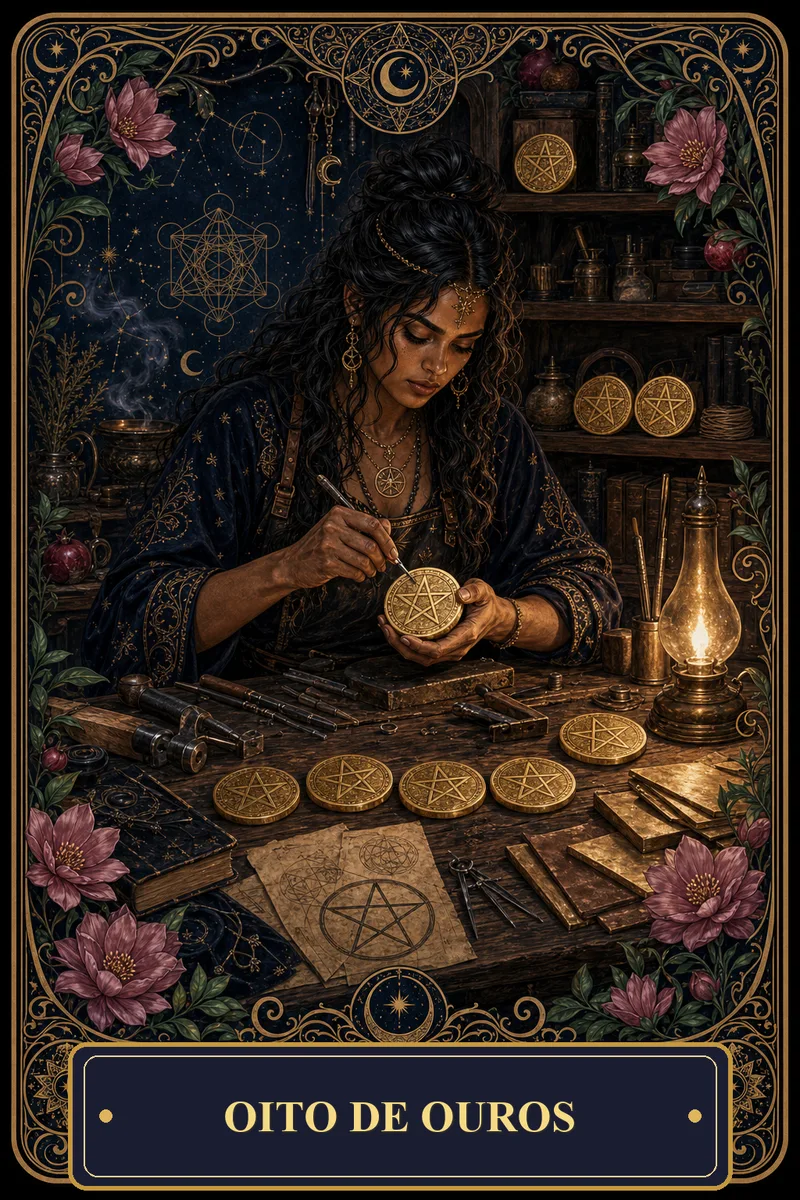 Carta Oito de Ouros do Tarot da Bruxa, arcano 8