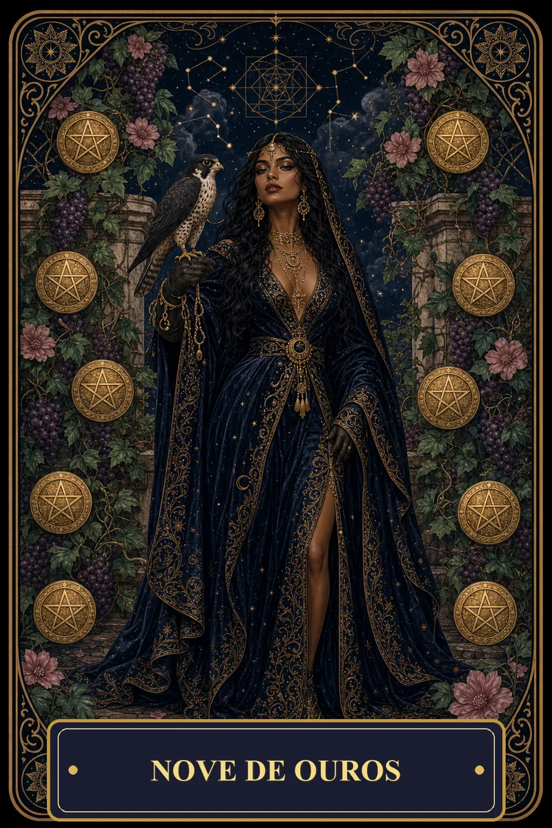 Carta Nove de Ouros do Tarot da Bruxa, arcano 9