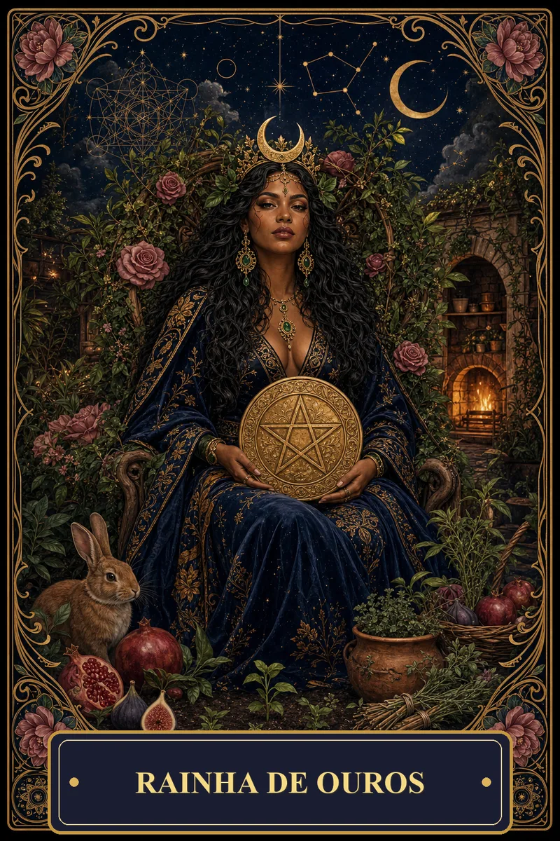 Carta Rainha de Ouros do Tarot da Bruxa, arcano 13