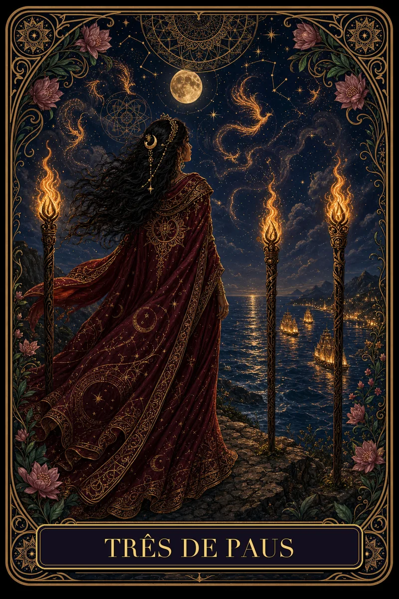 Carta Três de Paus do Tarot da Bruxa, arcano 3
