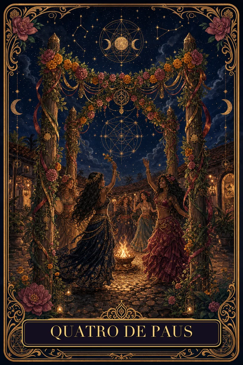 Carta Quatro de Paus do Tarot da Bruxa, arcano 4