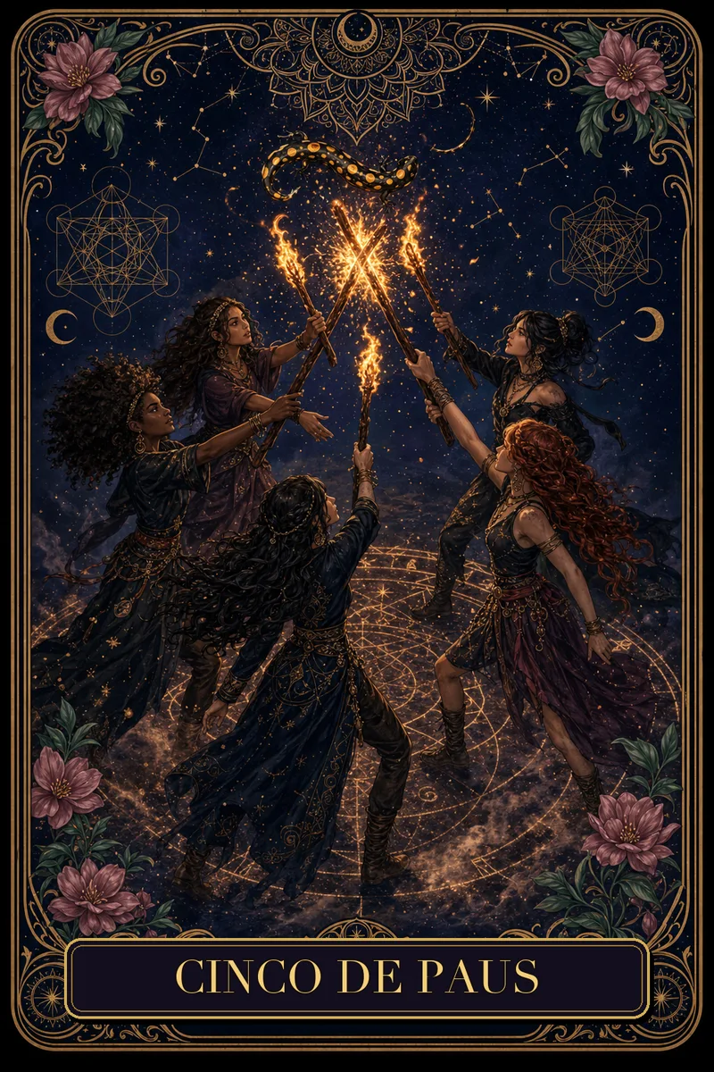Carta Cinco de Paus do Tarot da Bruxa, arcano 5