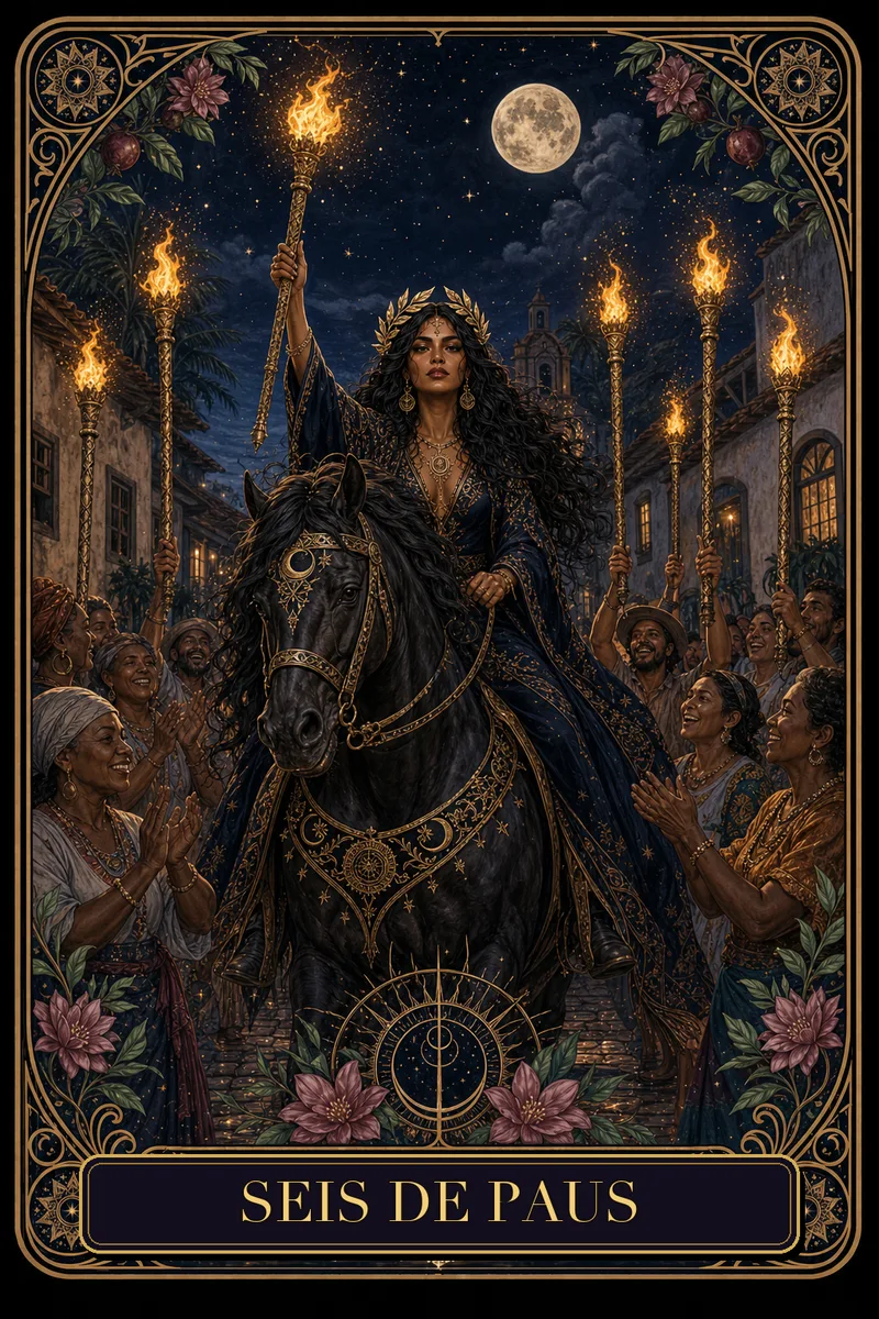 Carta Seis de Paus do Tarot da Bruxa, arcano 6