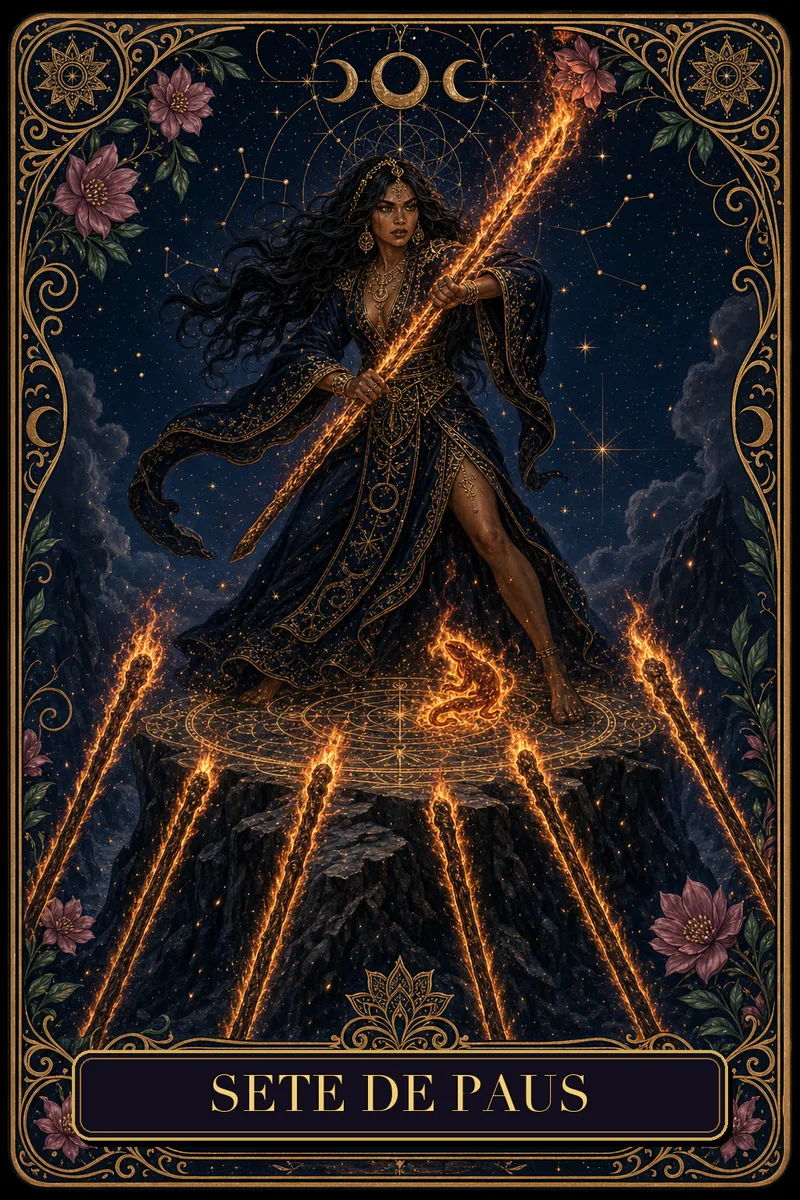 Carta Sete de Paus do Tarot da Bruxa, arcano 7