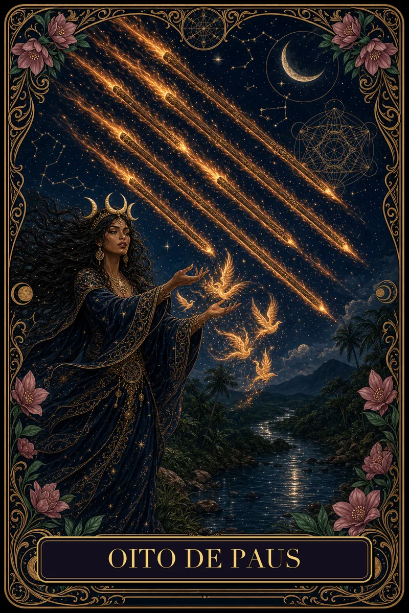 Carta Oito de Paus do Tarot da Bruxa, arcano 8