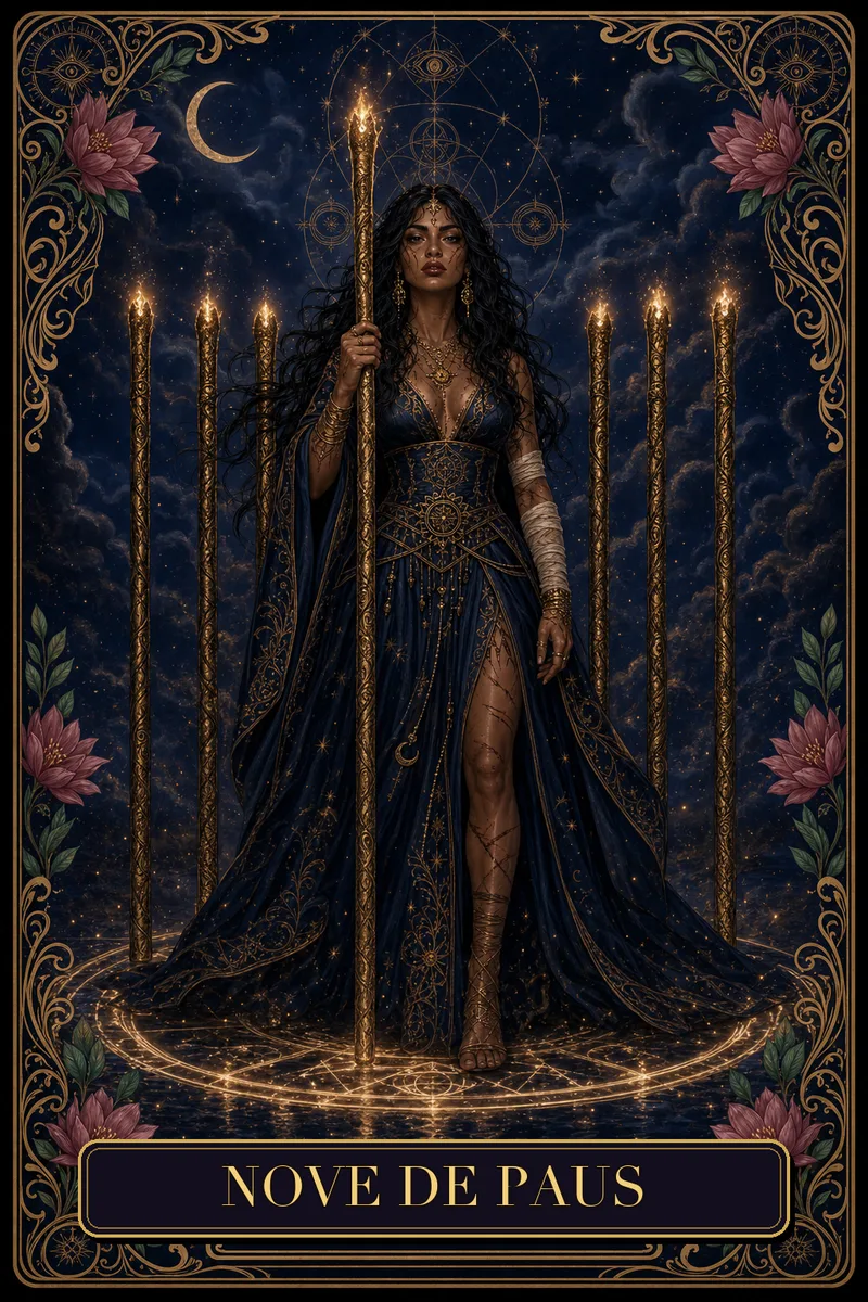 Carta Nove de Paus do Tarot da Bruxa, arcano 9