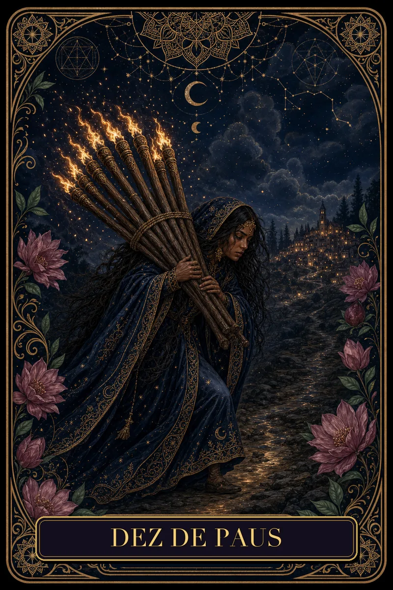 Carta Dez de Paus do Tarot da Bruxa, arcano 10